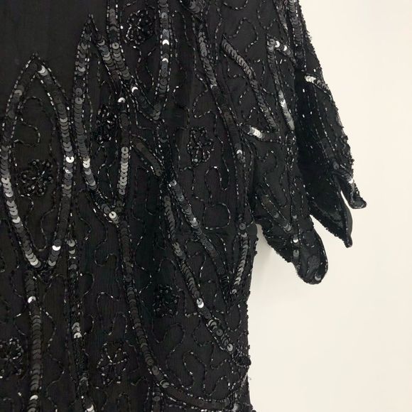 80’s Vintage Stenay Black Beaded Flapper Gatsby Zigzag Hem Short Sleeve Blouse - Picture 3 of 13